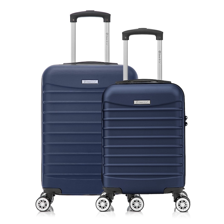 Комплект куфари за ръчен багаж в самолет, 55x36x20 см/40x30x20 см, 4 двойни безшумни колела 360°, сваляеми, модел LINE Quasar & Co.®, ABS 2.8 мм, цип с защита срещу кражба, кодово заключване, телескопична дръжка, до 10 кг, Тъмносин