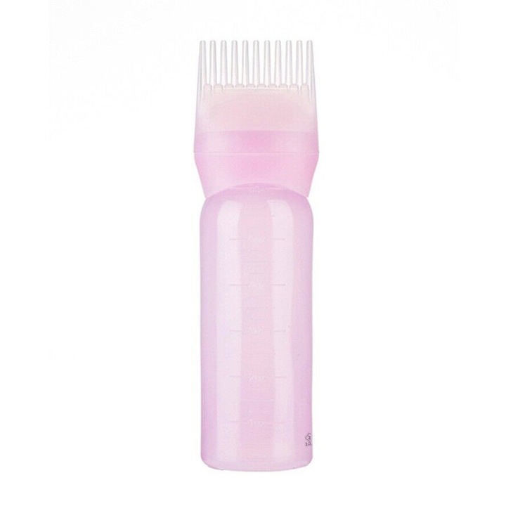 Sticla cu pieptan pentru aplicare vopsea sau balsam de par, Zola®, plastic, 150 ml, 18x5 cm, roz