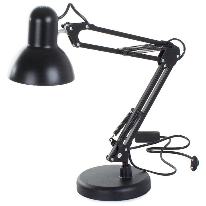 Lampa de birou 40W, Soclu E27, Veioza cu brat reglabil, Negru/Alb, Negru