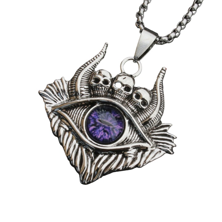Démonvilág lánc, gonosz szem formájú medál, csontváz fejrészletekkel, unisex, lila, EFAYN