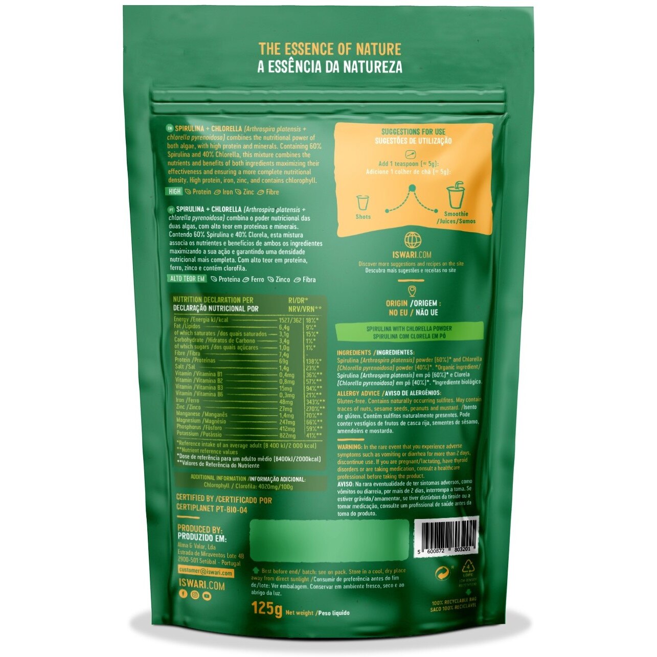 Pulbere BIO de spirulina si chlorella Iswari, 125 g eMAG.ro