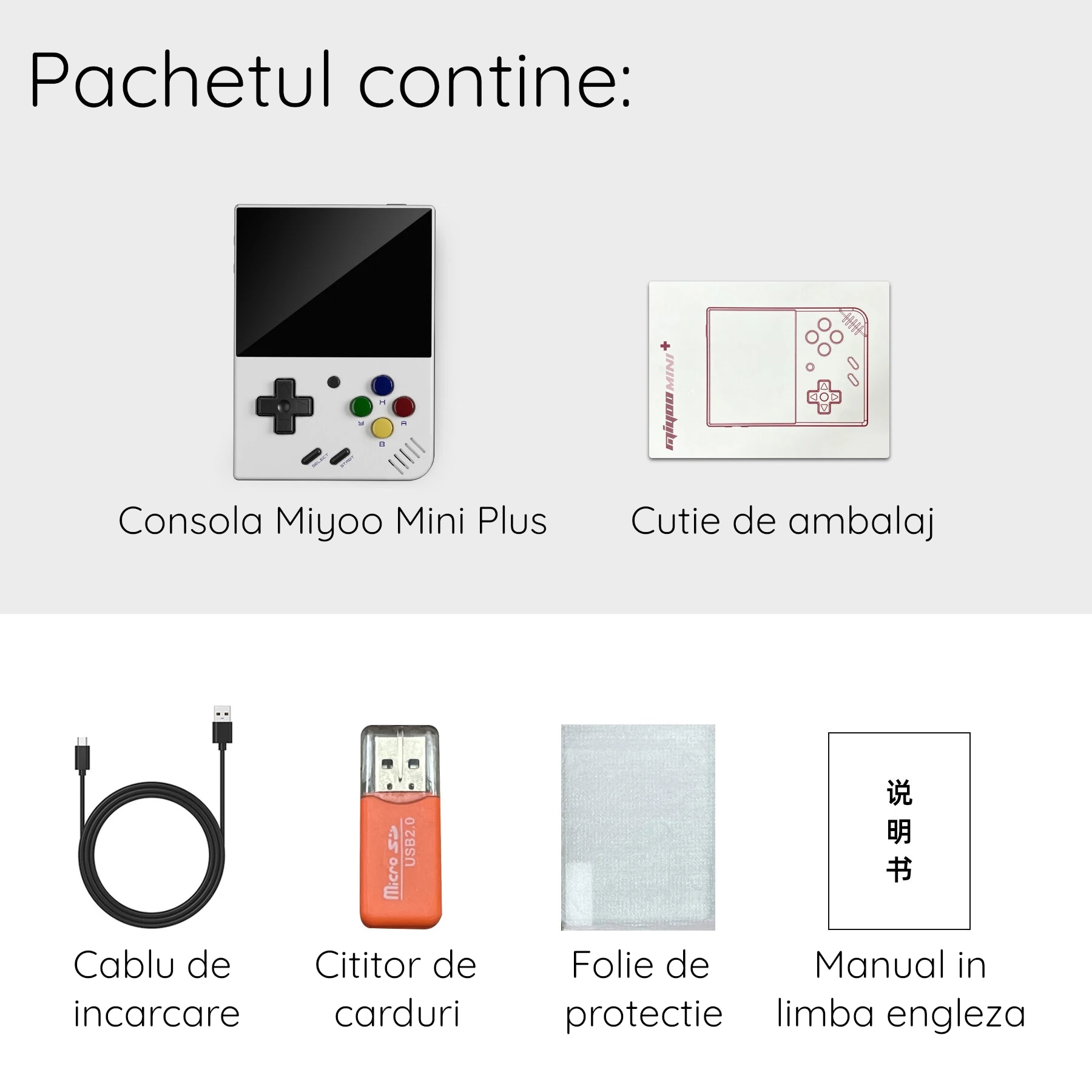 Consola de joc Miyoo Mini Plus, culoare alba, portabila, suport pentru 15+ emulatoare retro