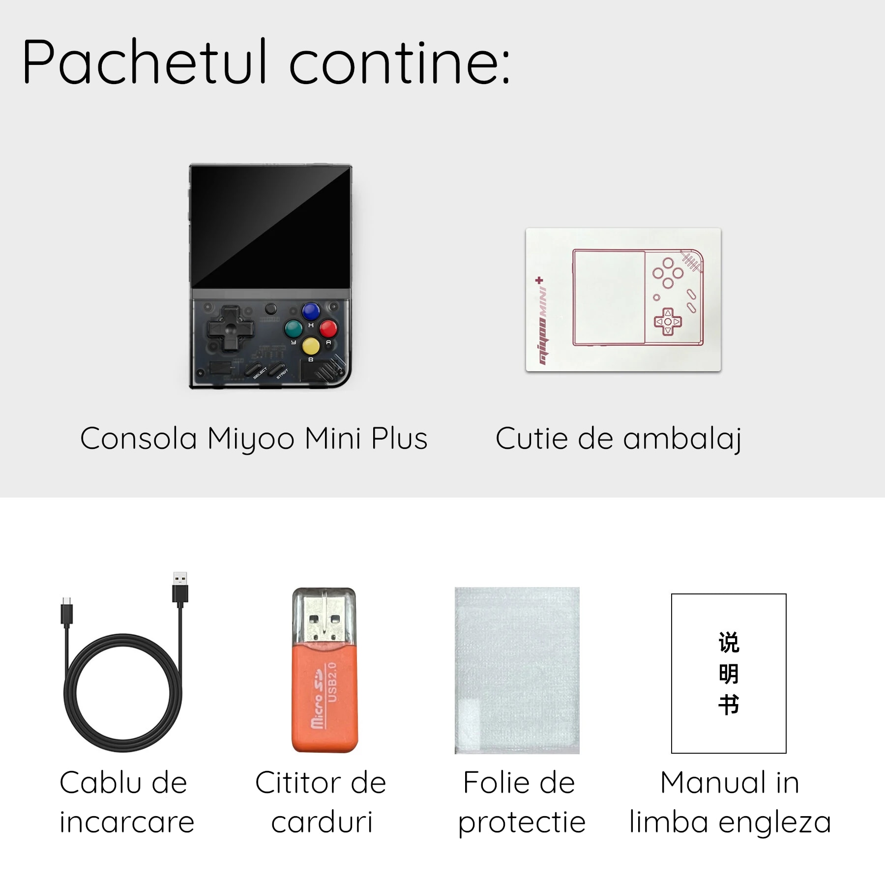 Consola de joc Miyoo Mini Plus, culoare neagra, portabila, suport pentru 15+ emulatoare retro