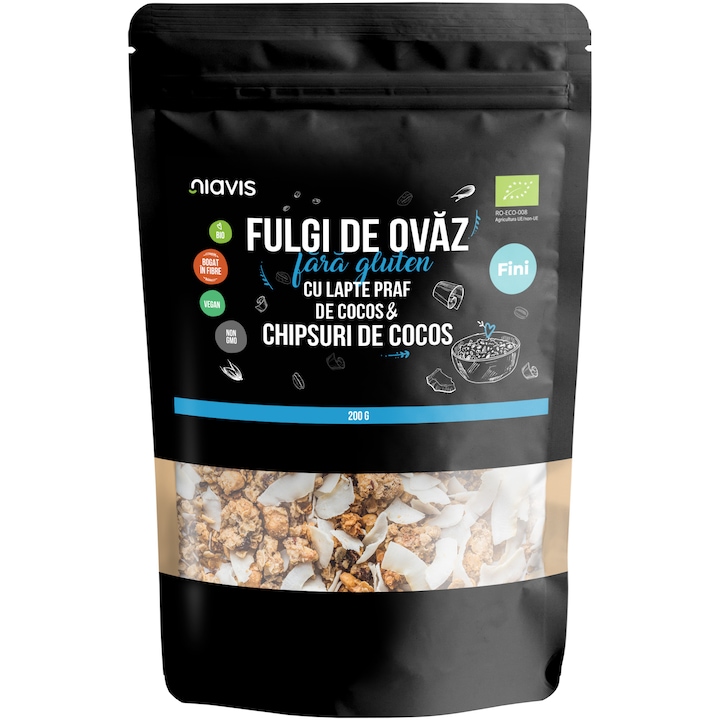 Fulgi de Ovaz Fini Fara Gluten cu Pudra de Cocos si Chipsuri de Cocos Ecologici/Bio 200g