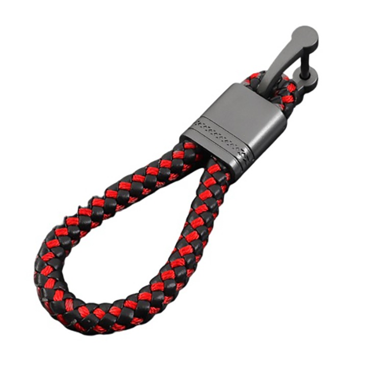 Breloc metalic cu piele impletita rosu cu negru pentru cheia auto