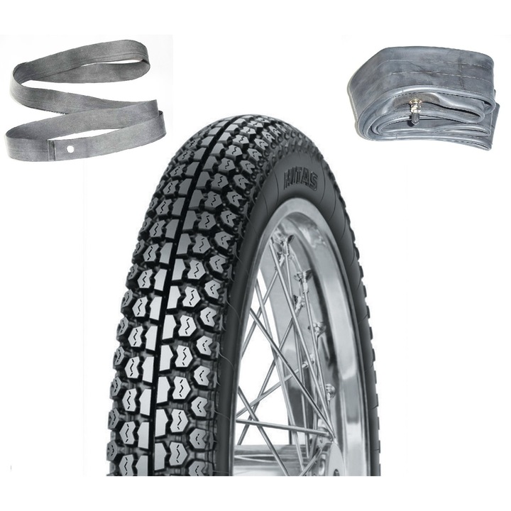 Set anvelopa moto Mitas H03 3.00-18, camera aer, protectie roata, negru, 18 inch