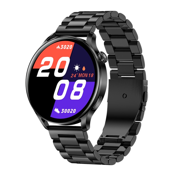 Ceas inteligent Rubicon, Otel, Ecran de 1.28INCH, Negru