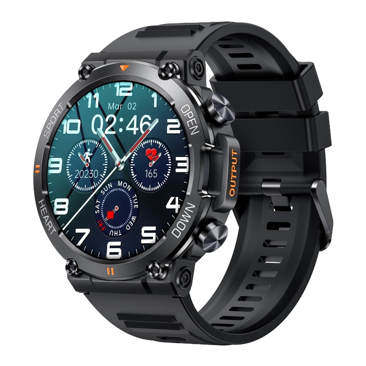 Ceas inteligent Rubicon, Otel, Ecran de 1.39INCH, Negru