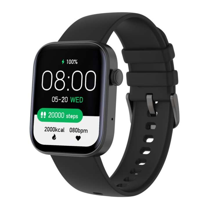 Ceas inteligent Rubicon, Silicon, Ecran de 1.8INCH, Negru