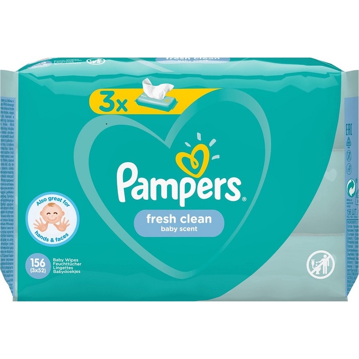 Мокри кърпички Pampers Fresh Clean, 3 опаковки x 52, 156 бр
