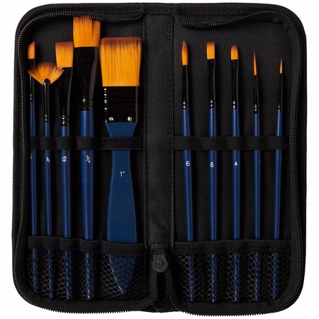 Set 10 pensule profesionale, Peri sintetici, Pentru vopsea acrilica, Albastru/Galben