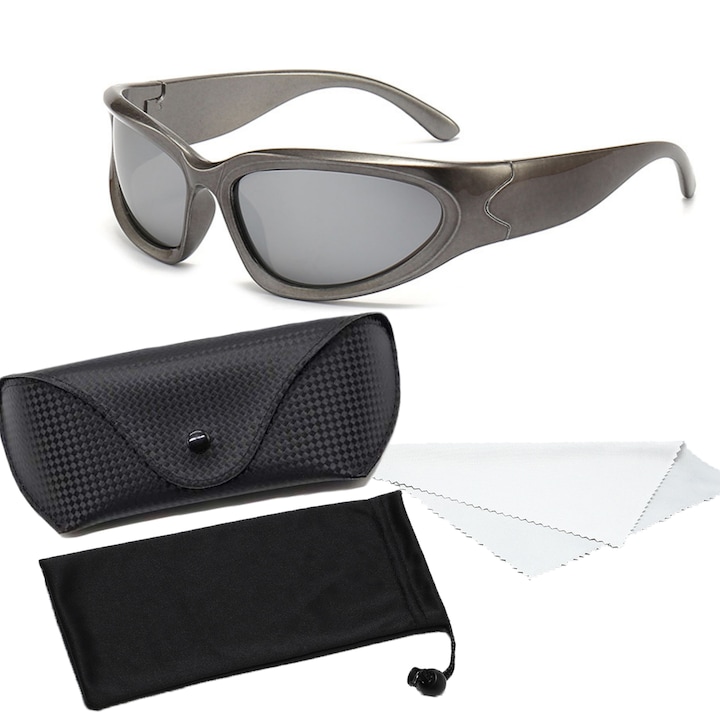 Модни слънчеви очила, POMAMZ, поляризирани лещи, UV400, унисекс, обгръщащи се, бронзови/сребърни