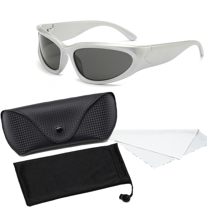 Модни слънчеви очила, POMAMZ, поляризирани лещи, UV400, унисекс, обгръщащи се, черно/сребристо