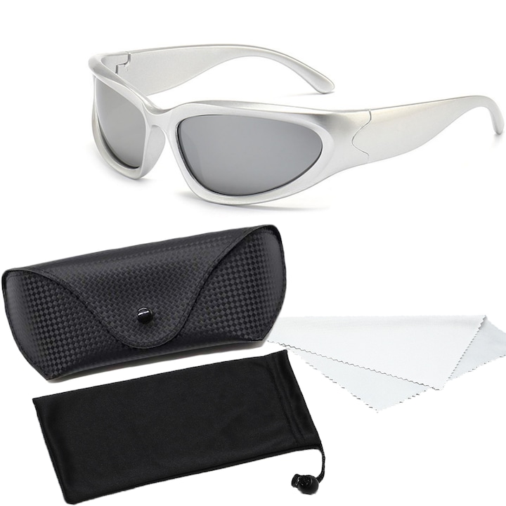 Модни слънчеви очила, POMAMZ, поляризирани лещи, UV400, унисекс, обгръщащи се, Сребрист