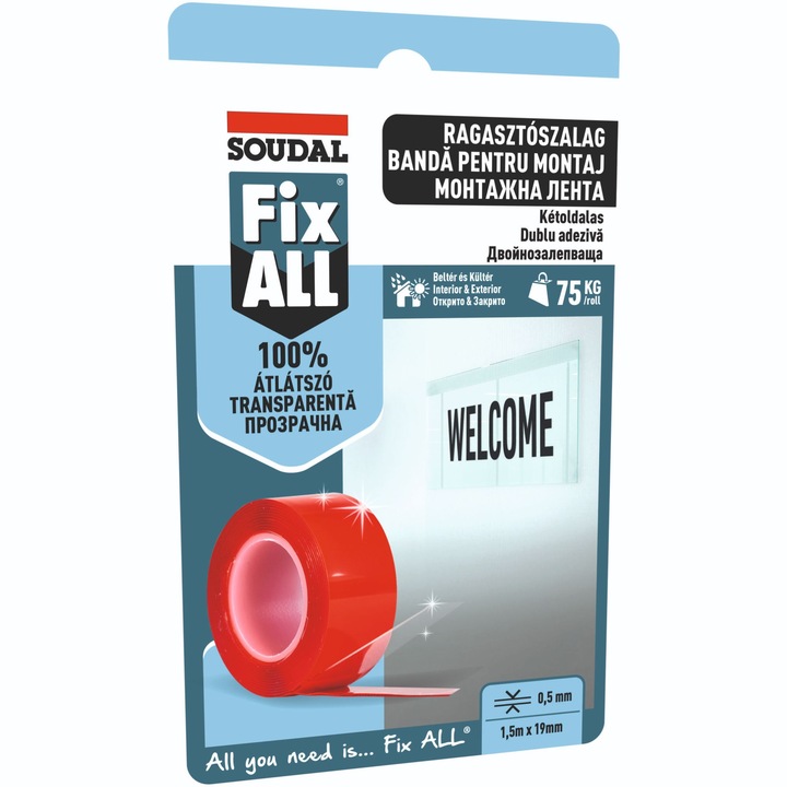 Banda dublu adeziva Soudal Fix All, 19 mm x 1.5 m, transparent