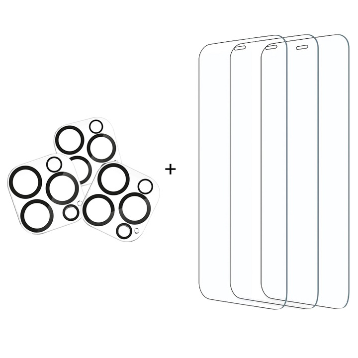 Комплект от 3 3D защитни фолиа за камера и 3 2.5D фолиа за екран, G-Tech Crystal Premium Edition, съвместим с Apple iPhone 14 Pro Max, взривозащитен, прозрачен