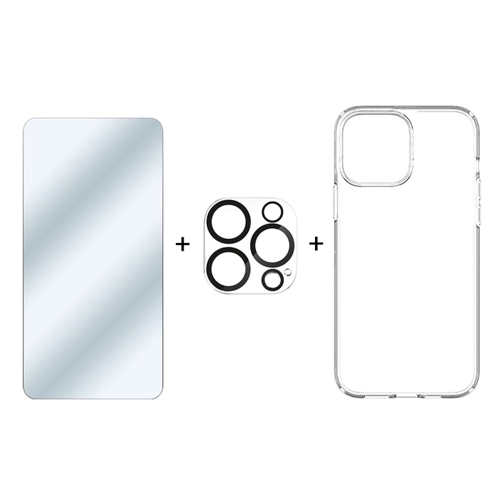 Комплект калъфи Silicon Crystal Clear, 2.5D защитно фолио за екрана и 3D защитно фолио за камерата, G-Tech пълен пакет, съвместим с Apple iPhone 14 Pro Max, прозрачен