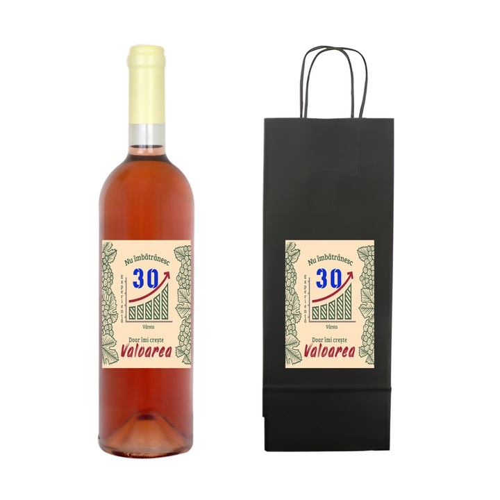 Set personalizat sticla de vin rose, demisec, 750 ml si punga de cadouri cu imprimeu Nu Imbatranesc, creste valoarea 30 ani