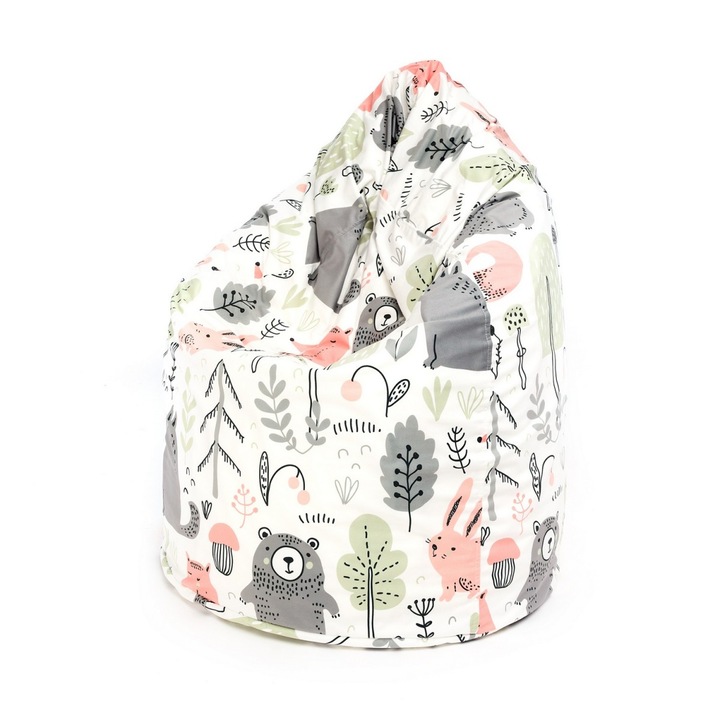 Fotoliu copii Ecopuf tip Bean Bag, puf moale si confortabil, model Animale multicolor, scaun relaxare si joaca pentru camera copilului, 70x110 cm, mobilier ergonomic si sigur, cadou ideal