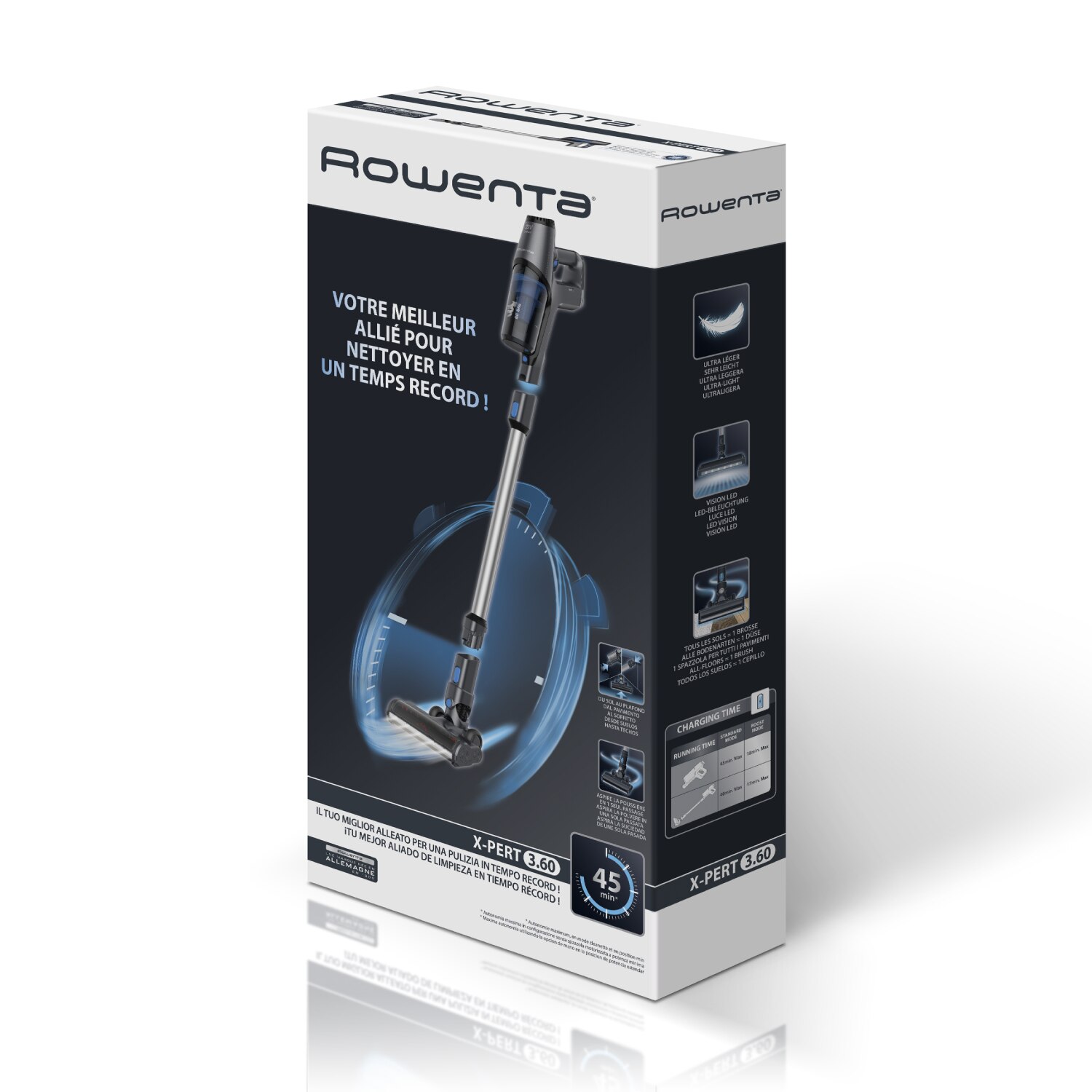 Aspirator vertical fara fir Rowenta X-Pert 3.60 RH6921WO, autonomie 45 minute, iluminare LED, recipient praf 0.5 L, albastru & gri