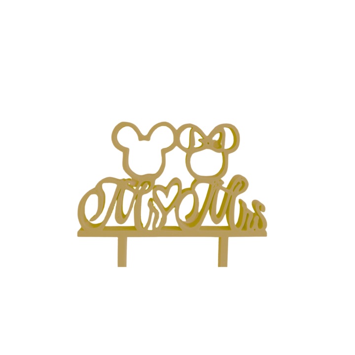 Decoratiune topper tort, "MR AND MRS MICKEY SI MINNIE" magia iubirii, model Disney, 9,9 x 11,5 cm auriu