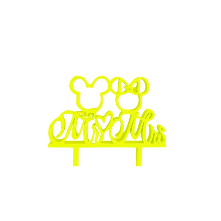 Decoratiune topper tort, "MR AND MRS MICKEY SI MINNIE" magia iubirii, model Disney, 9,9 x 11,5 cm galben