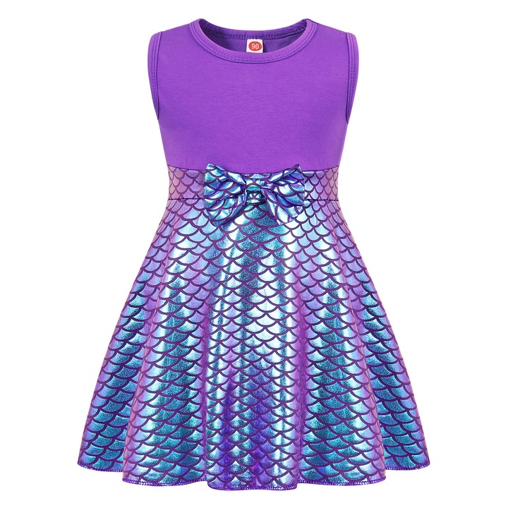Costum carnaval model sirena, Printesa Ariel, Party Chili®, Disney, Craciun, Halloween, Bumbac, Violet, 5-6 ani, 110cm