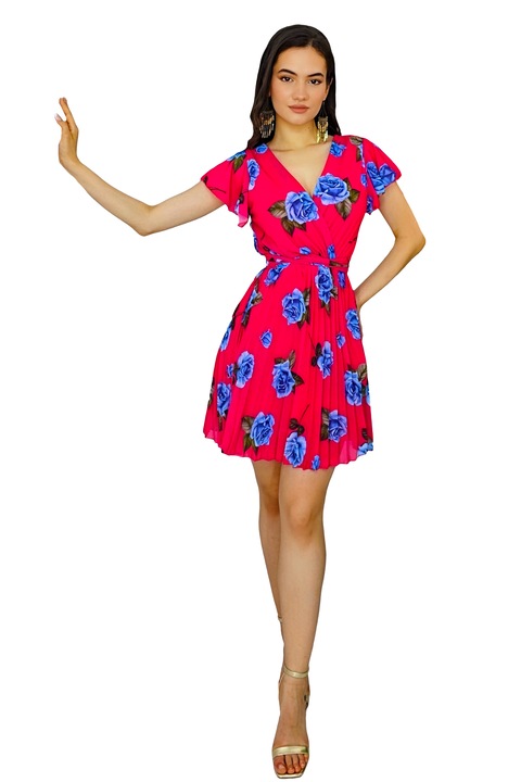 Плисирана рокля Aveline, с разкроен ръкав и ефирна текстура, Червена, Универсален размер S/M