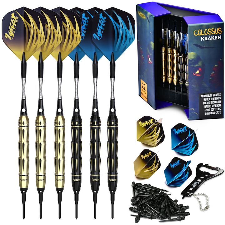 Set cu 6 sageti cu varf din plastic pentru jocul de darts electronic, corpuri din alama de 22 de grame, tije din aluminiu si aripioare Standard si Slim in doua culori, cheita pentru darts si 100 de varfuri din plastic, Colossus Kraken