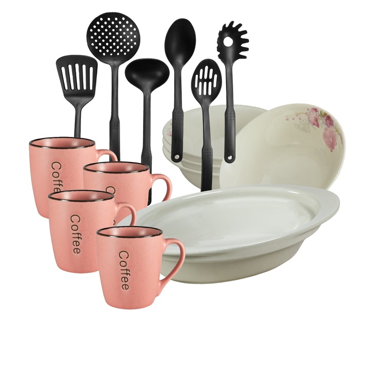 Set de masa, 4 persoane, 15 piese, cana roz, bol, tava termorezistenta, ustensile bucatarie, Portelan decorat cu Orhidee
