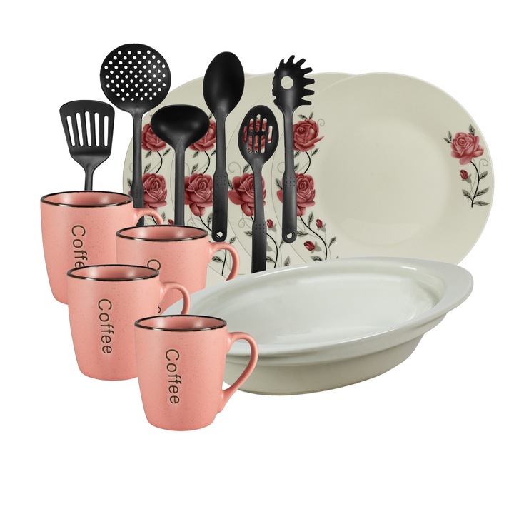 Set de masa, 4 persoane, 15 piese, cana roz, farfurie intinsa, tava termorezistenta, ustensile bucatarie, Portelan decorat cu Trandafiri roz