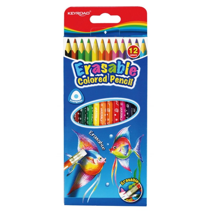 Creioane color cu radiera KEYROAD 12 culori, triunghiulare