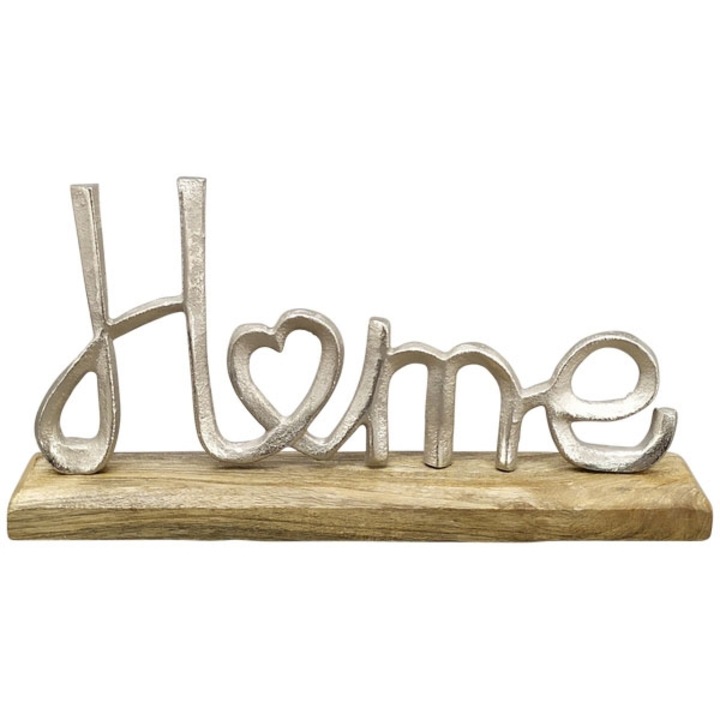 Figurina decorativa, Exner, Model Home, Aluminiu, Baza lemn, 30x5x27 cm, Argintiu/Bej