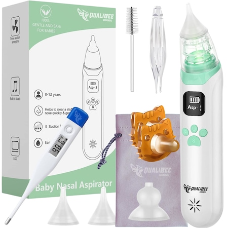 Aspirator Nazal Electric Qualibee Goods™ pentru bebelusi si copii, Silentios cu Functie Muzicala, 3 trepte de Aspirare, Baterie Reincarcabila, Cablu USB, 3 Capete de Silicon, Perie de Curatare, Penseta, Termometru, 2 Suzete si Husa de Depozitare incluse