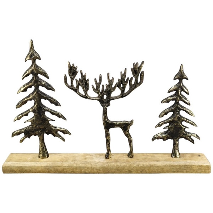 Karácsonyi dekoráció, külső, alumínium/fa, 40x10x26 cm, barna/arany