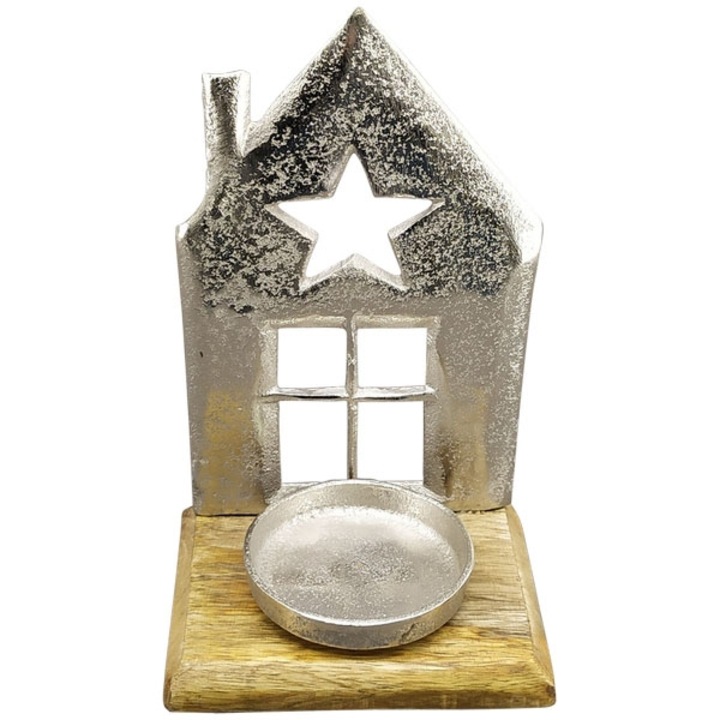 Exner Dekoráció gyertyatartóval, külső, alumínium/fa, 14x9,5x22 cm, ezüst/barna