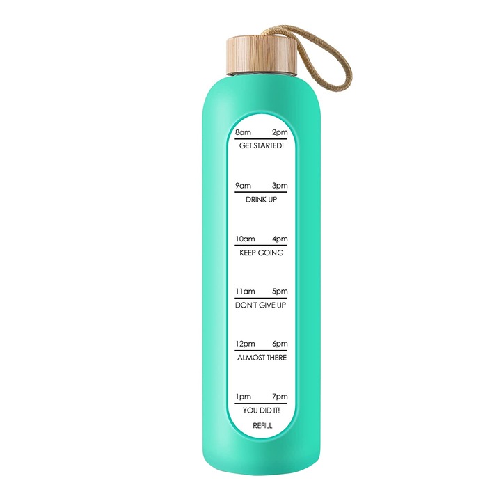 Преносима бутилка за вода, Darklove, Със скала за време, Силиконов защитен калъф, Ергономична, Без BPA, 1000 мл, 7,8 x 29 см, Зелена