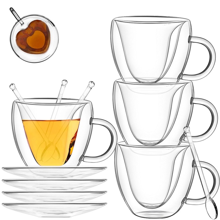Quasar & Co., csésze, teáskanállal és csészealj készlet, Kávéhoz, Dupla falú üveg, szív alakú belső, 250 ml, Hőálló, Átlátszó, 4 db
