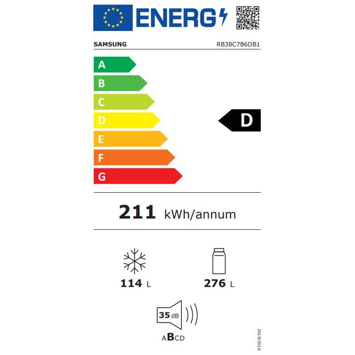 Combina frigorifica, Samsung RB38C7B6DB1/EF, Clasa energetica D, 390 L, M: 203 cm, NoFrost, Lumina LED, WiFi, Negru
