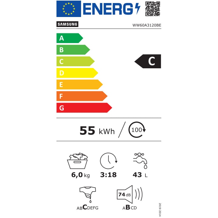 Masina de spalat rufe Slim Samsung WW60A3120BE/LE, 6 kg, Clasa C, 1200 RPM, Hygiene Steam, Alb