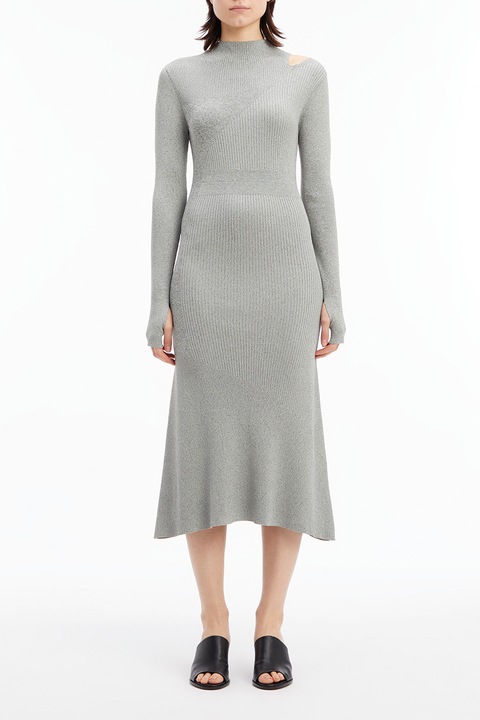 CALVIN KLEIN, Плетена рокля с отвор на рамото, Светлосив меланж