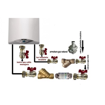 Pachet instalare centrala termica murala cu robineti de trecere, filtre Y si regulator de gaz Pachet instalare centrala termica murala cu robineti de trecere, filtre Y si regulator de gaz