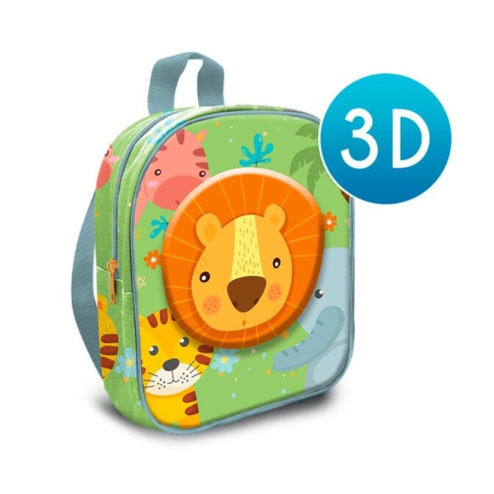 Ghiozdan gradinita 3D, 1 compartiment, Animale din Jungla 30x24x10 cm Verde