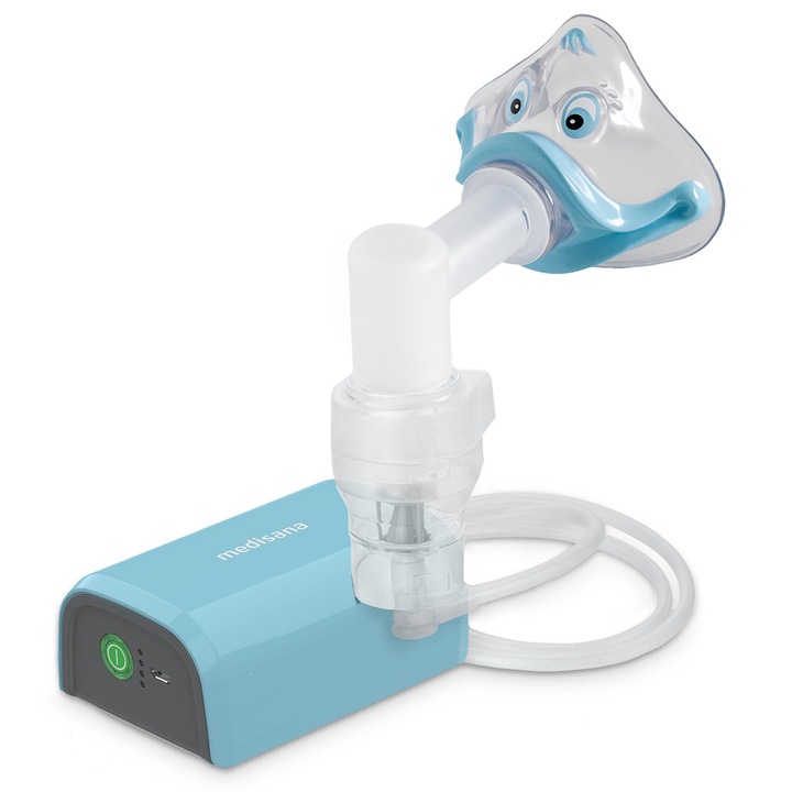Компресорен инхалатор Medisana IN 165, Компактен, За деца и възрастни, Капацитет 6 мл, Приставки за нос и уста, С акумулаторна батерия, Син
