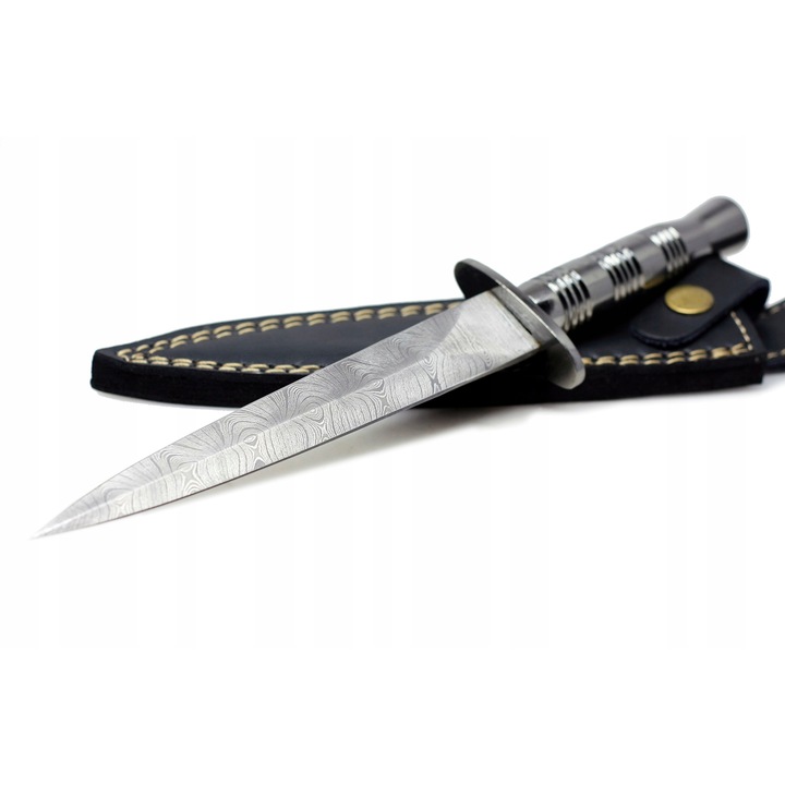 Cutit de vanatoare Dagger Damascus + husa, Alistar, Otel, Argintiu