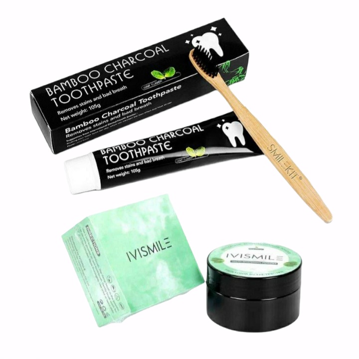 Set albire si intretinere dentara, Pudra organica cu aroma de menta din carbune activat, natural 100%, Periuta ecologica si pasta de dinti din carbune activ, 105g