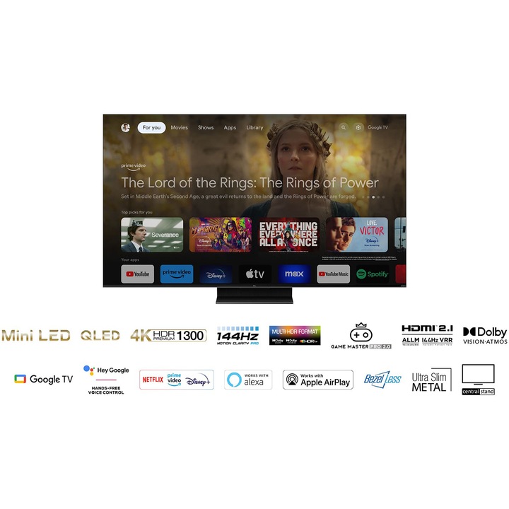 Televizor TCL MiniLed 85C805, 214 cm, Smart Google TV, 4K Ultra HD, 100hz, Clasa F