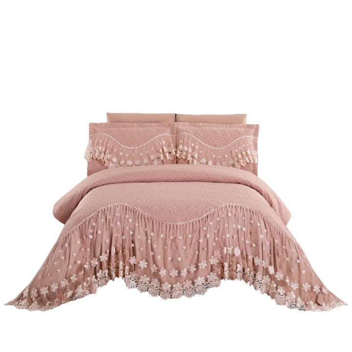 Cuvertura si 2 fete de perna, cu Volanase Brodate, 2 persoane, 3 piese, 220X280cm, Somon