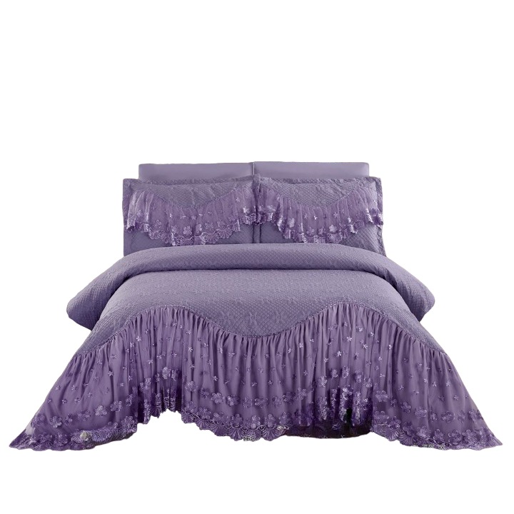 Cuvertura si 2 fete de perna, cu Volanase Brodate, 2 persoane, 3 piese, 220X280cm, Mov