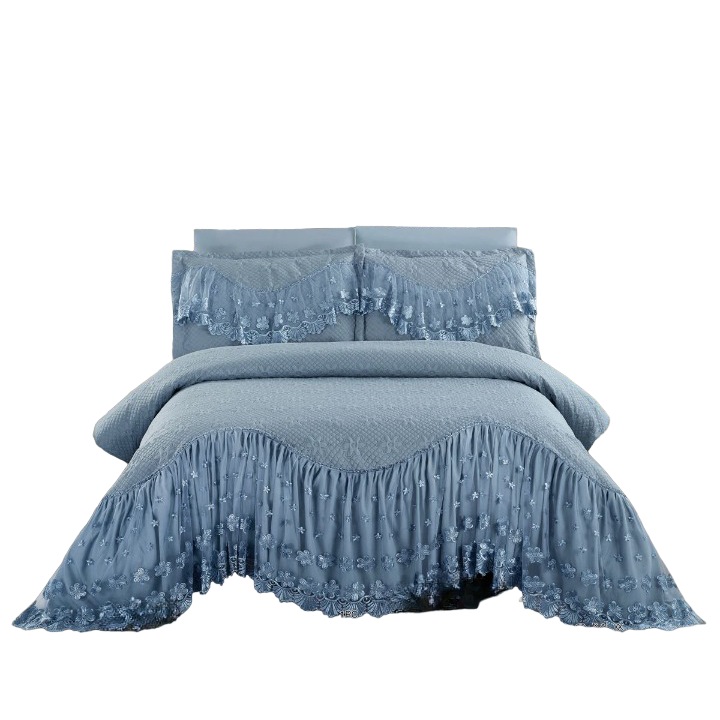 Cuvertura si 2 fete de perna, cu Volanase Brodate, 2 persoane, 3 piese, 220X280cm, Albastru deschis